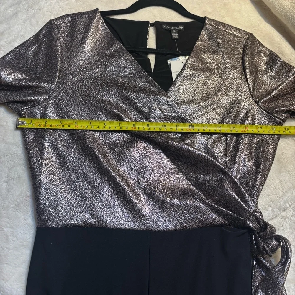 NWT Nina Leonard Jumpsuit Medium Metallic Silver Reptile Print Black Pants Flowy - Picture 9 of 15